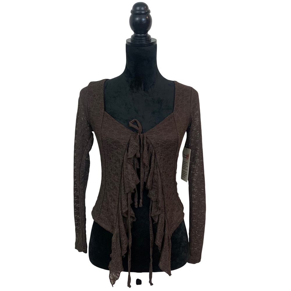 Good Days Project Women's XS Brown Lace Ruffle Tie Front‎ Top Sheer Long Sleeves